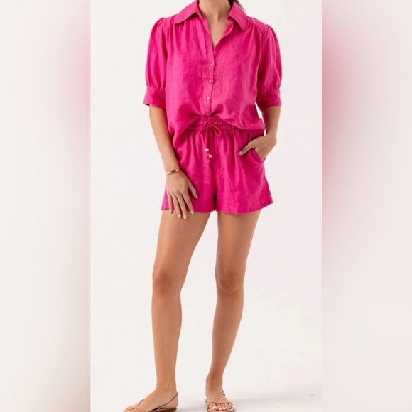 Lands' End Pants - Lands and Hot Pink 2-Piece Shorts M 10-12 Set long sleeve shirt L(14-16) Linen